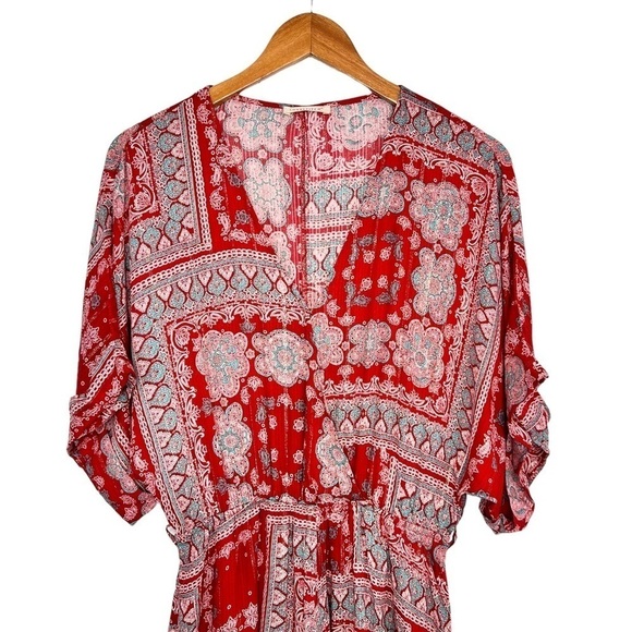 Lovestitch Womens Paisley Print Short Sleeve Romper Sz Medium Red V Neck - Picture 3 of 11